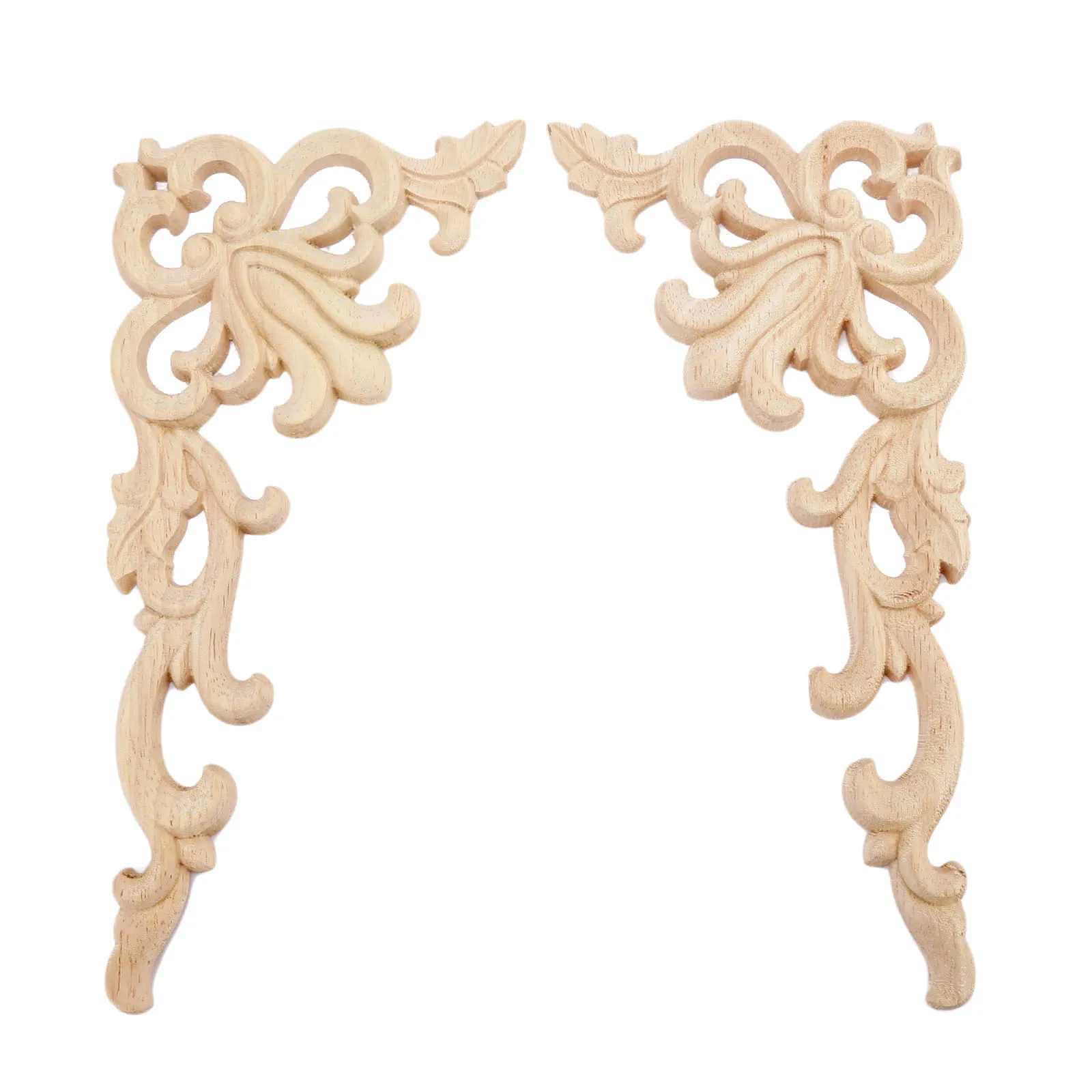1 Pair Wood Carved Onlays 20x10cm Left&Right Furniture Appliques Wood Carving Corner Decals for Cabinet Mirror Door Wall Bed DIY