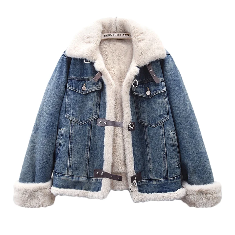 Autumn Winter Women New Thick Warm Faux Rabbit Fur Liner Jeans Jacket Coat Loose Lapel Long Sleeve Denim Jacket Chaqueta Mujer