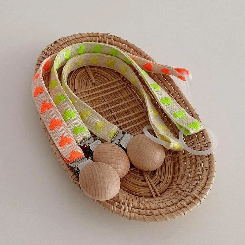 

J15U Newborn Pacifier Chain Handmade Fluorescent Love Heart Webbing Nipple Holder Leash Strap Soother Nursing Teether Dummy Clip