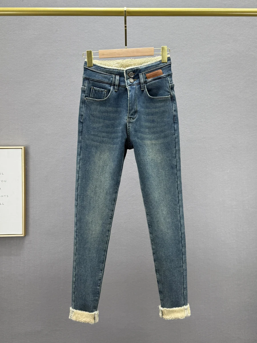 

Women's Fleece Lined Thickened High Waist Slim Fit Winter Pencil Jeans Long Trousers Versatile Stylish Bootcut Denim Pants