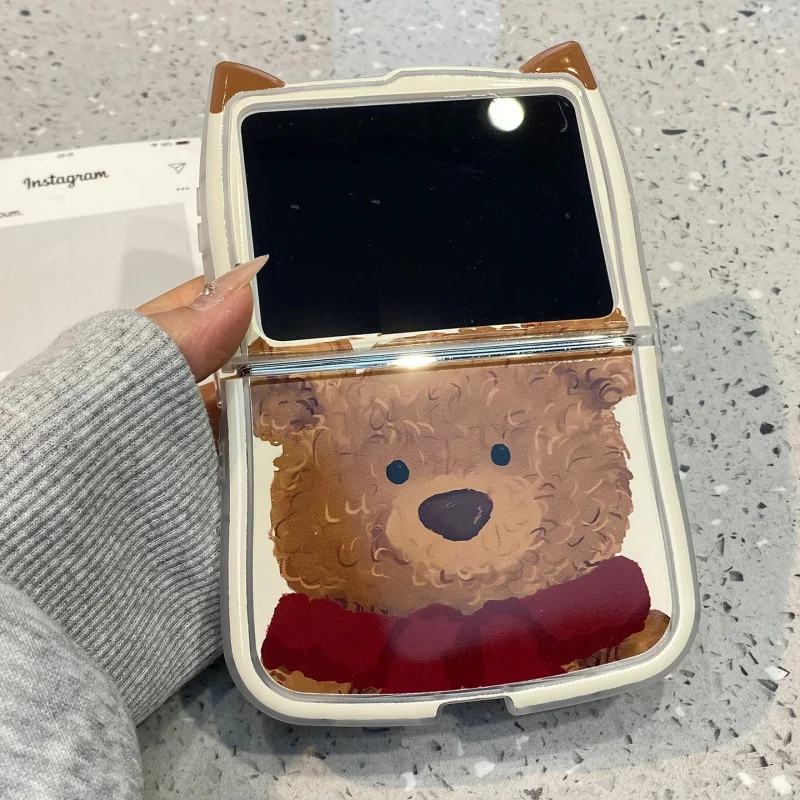 For Samsung Z Flip 7 Flip6 Case Cute Cartoon 3d Ear Red Scarf Bear Flip Cases For Galaxy Z Flip7 6 5 4 3 Xiaomi Mix Flip Cover