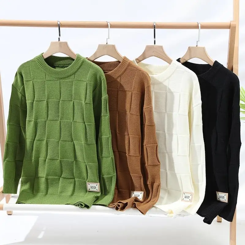 

Thiened Fce round Ne Knitted Sweater ex Winter Plaid Base Layer Faionable And Comfortable Cotton Blend Long Sve