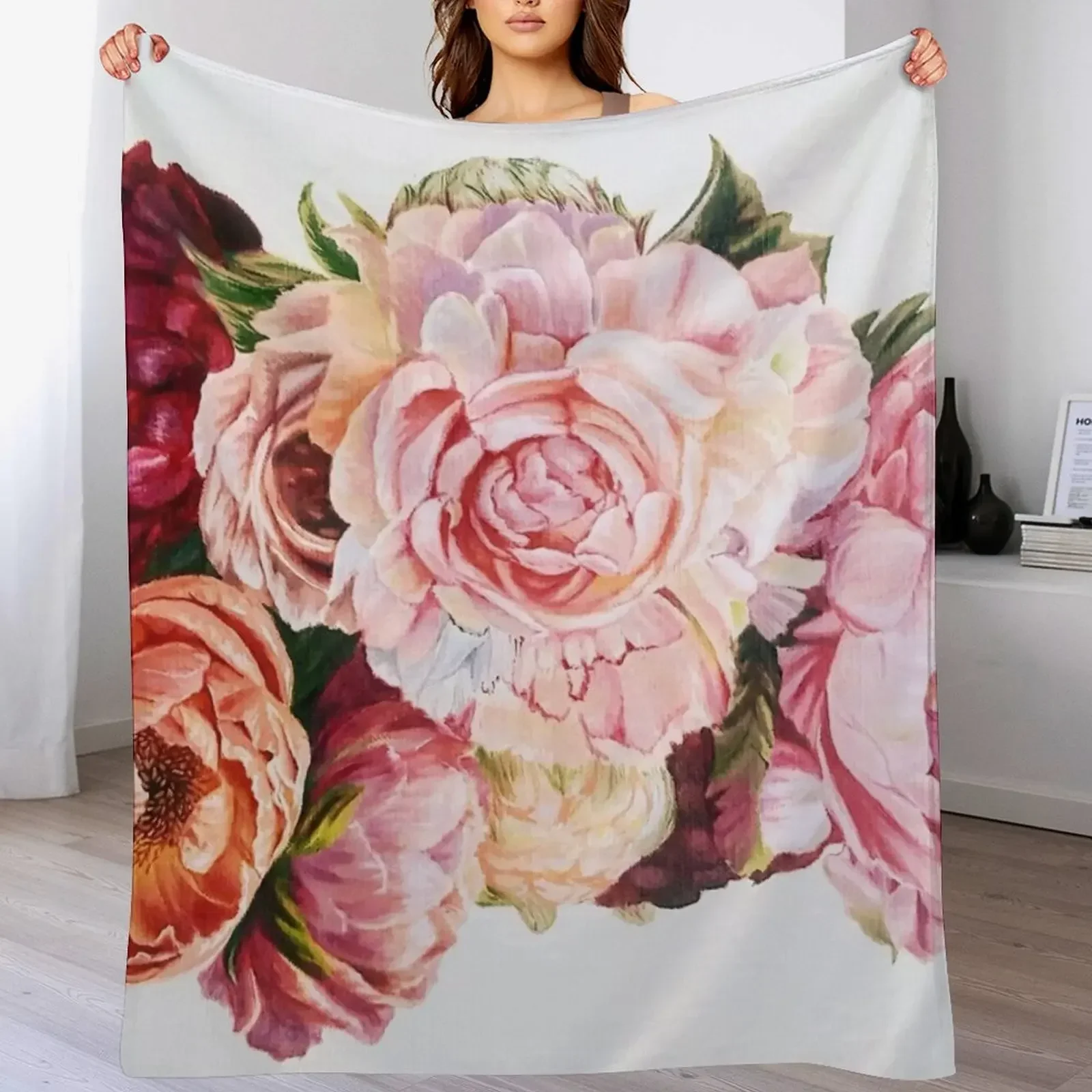 

Peonies Throw Blanket Flannel Plaid on the sofa Blankets