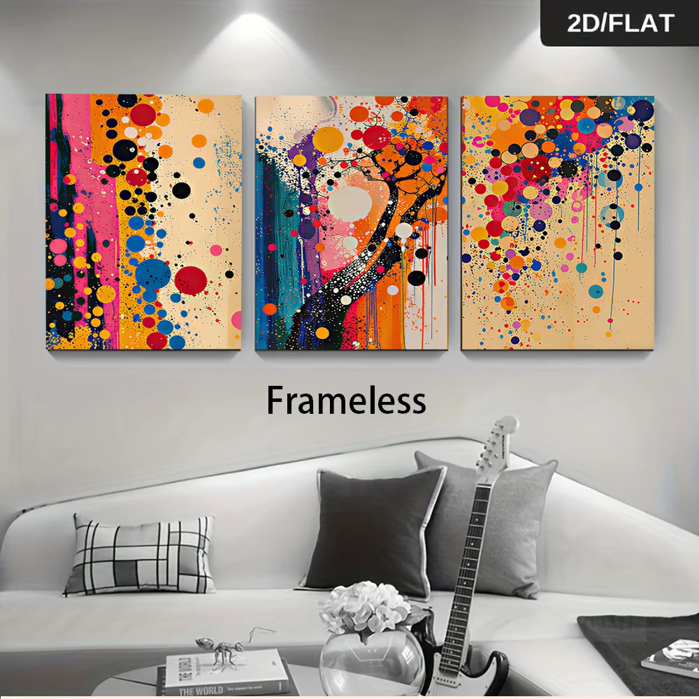 1 set of modern abstract triptych frameless decorative paintings, colorful splashed ink art decorative paintings, 2D plan