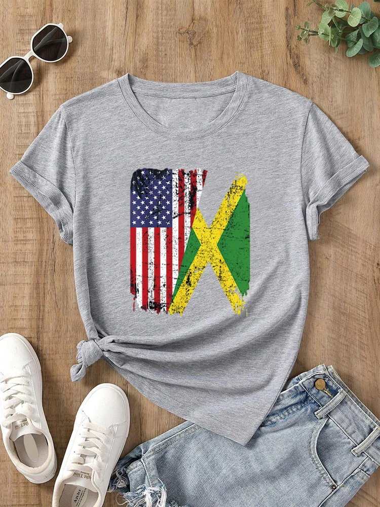 JAMAICAN ROOTS | Half American Flag | USA JAMAICA FLAG Peace and friendship Tshirt Round Neck Summer Top Tshirts For Youth Women