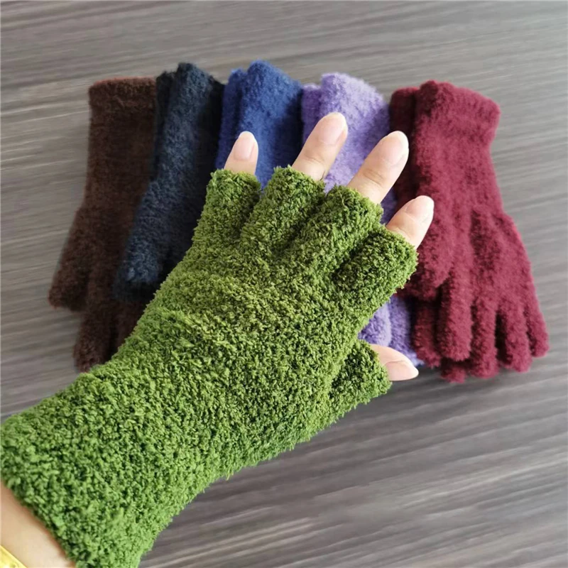 Long Coral Fleece Gloves Women Girls Solid Touchscreen Fingerless Glove Winter Warm Thicken Plush Half Finger Writing Mittens