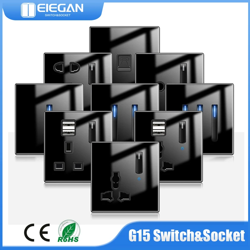 

EU Wall Light Switch Panel Tempered Glass International Switch Self-reset 1/2/3/4 Gang 2 Way LED Indicator Piano Key Wall Panel