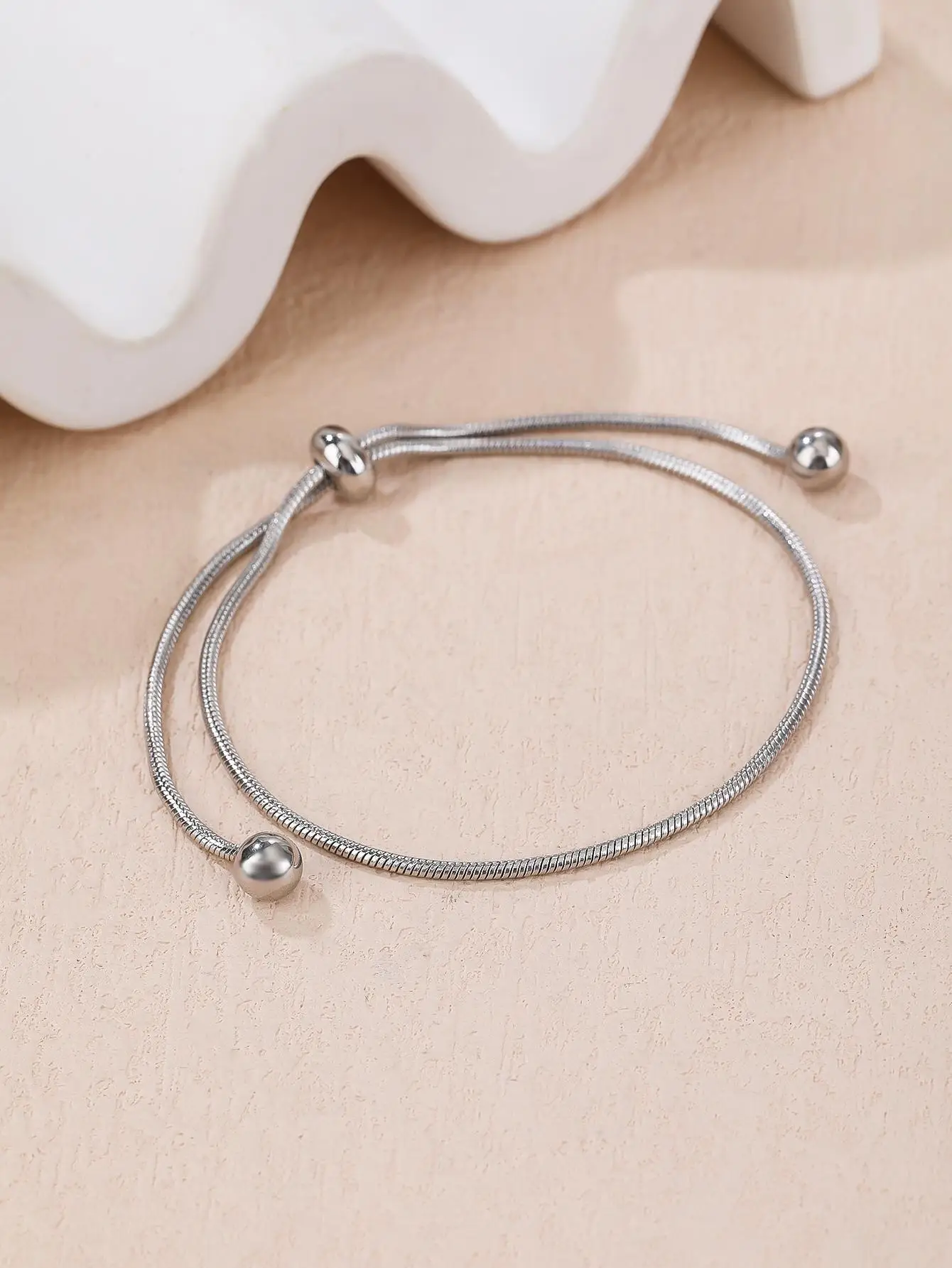 

1pc Simple Stainless Steel Snake Bone Chain Bracelet For Women Adjustable Drawstring & Shrink Beads, Ins Style Design