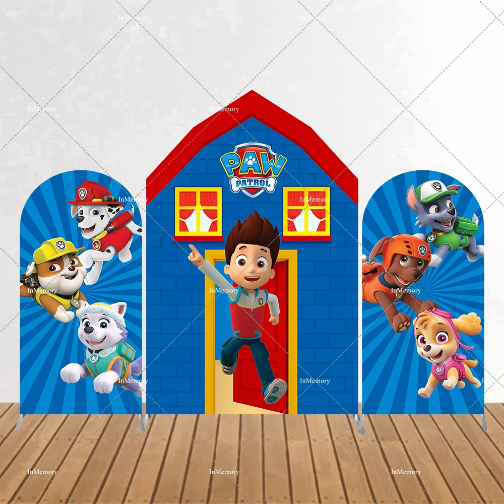 Fondo de arco con forma de casa de la Patrulla Canina en rojo y azul para decoración de fiesta de cumpleaños de niños, fondo de arco Ryder Puppy Power de 2 caras