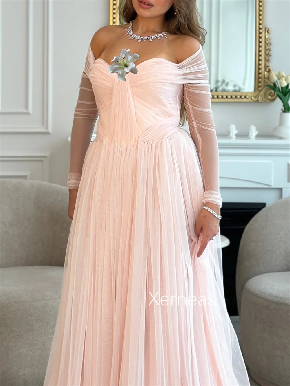Customized Simple Net Pleat A-line Off-the-shoulder Long Dresses Bespoke Occasion Homecoming Exquisite Modern Style