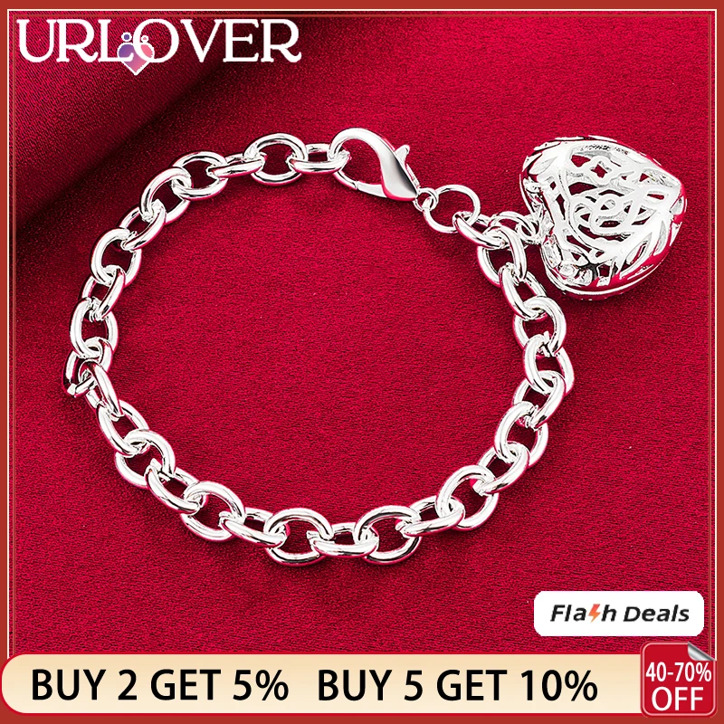 

URLOVER 925 Sterling Silver Bracelet For Woman Hollow Heart Chain Bracelets Lady Party Wedding Birthday Fashion Jewelry Gifts