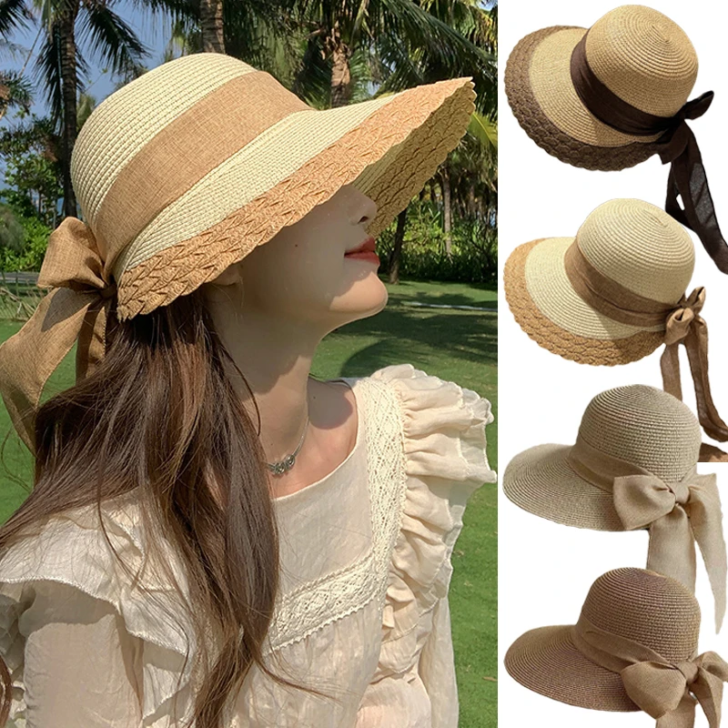 

Bow Ribbon Straw Hat Women Large Wide Brim Beach Cap Anti-Uv Sun Protection Hat Summer Outdoor Travel Foldable Breathable Visors