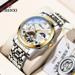 Outdoor Chenxi Men's Hollow Flywheel Watch, impermeável, cinto de aço, automático, mecânico, sol, lua, estrela, luminoso, novo, frete grátis