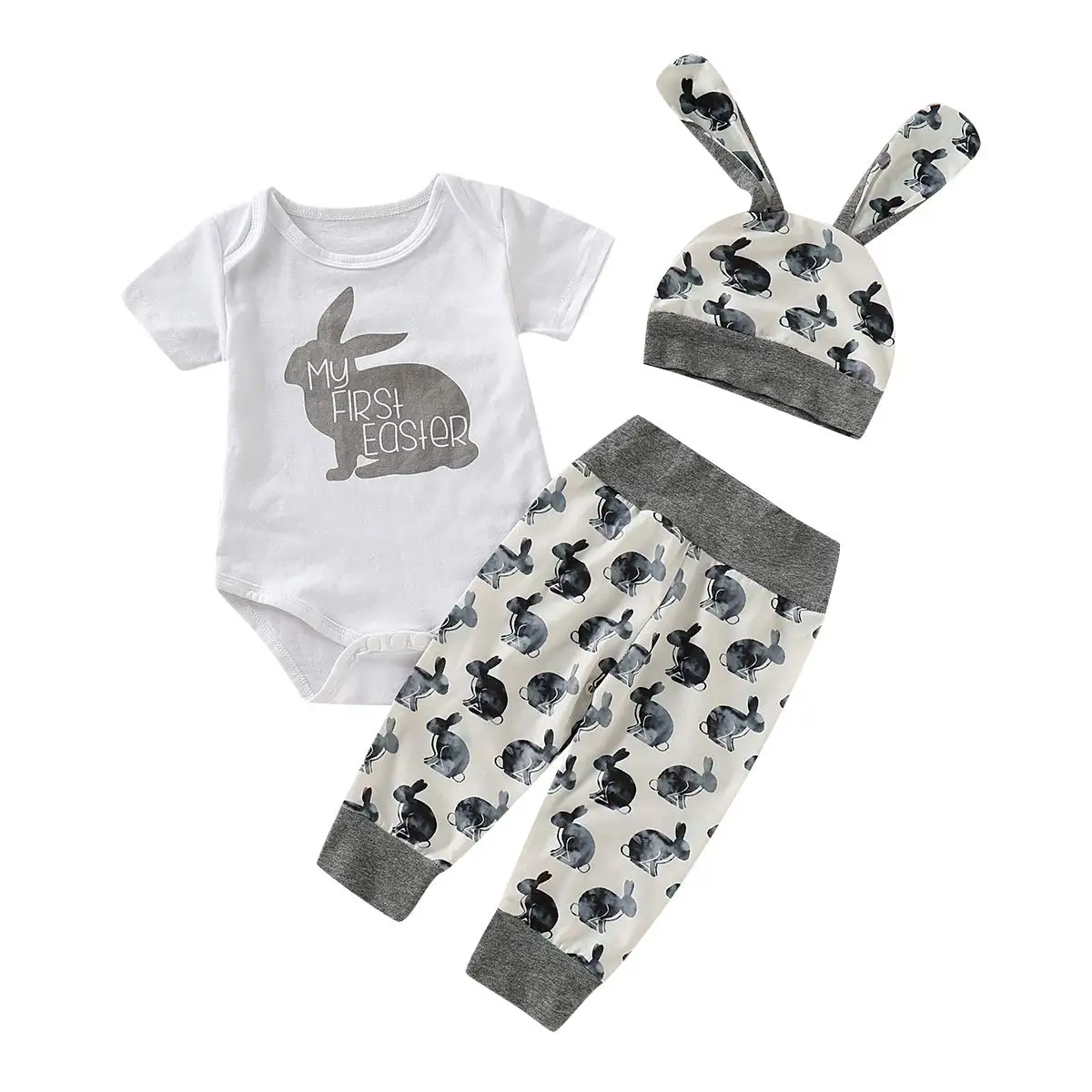 

Cute Bunny Print Short Sleeve Romper with Ear Hat and High Waist Elastic Trousers Set for Baby Boys and Girls