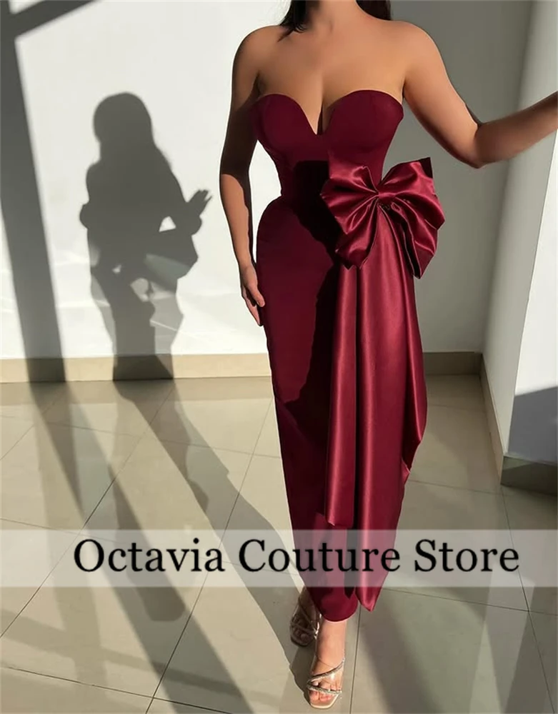 Arabic Evening Dress for Wedding Party Sweetheart Tea Length Mermaid Burgundy Customized Prom Gown