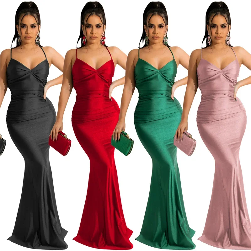 Maxivestido Sexy de satén para mujer, vestidos elegantes de noche para fiesta nocturna con tirantes finos y espalda descubierta, vestido para salir con cordones, ropa para discoteca