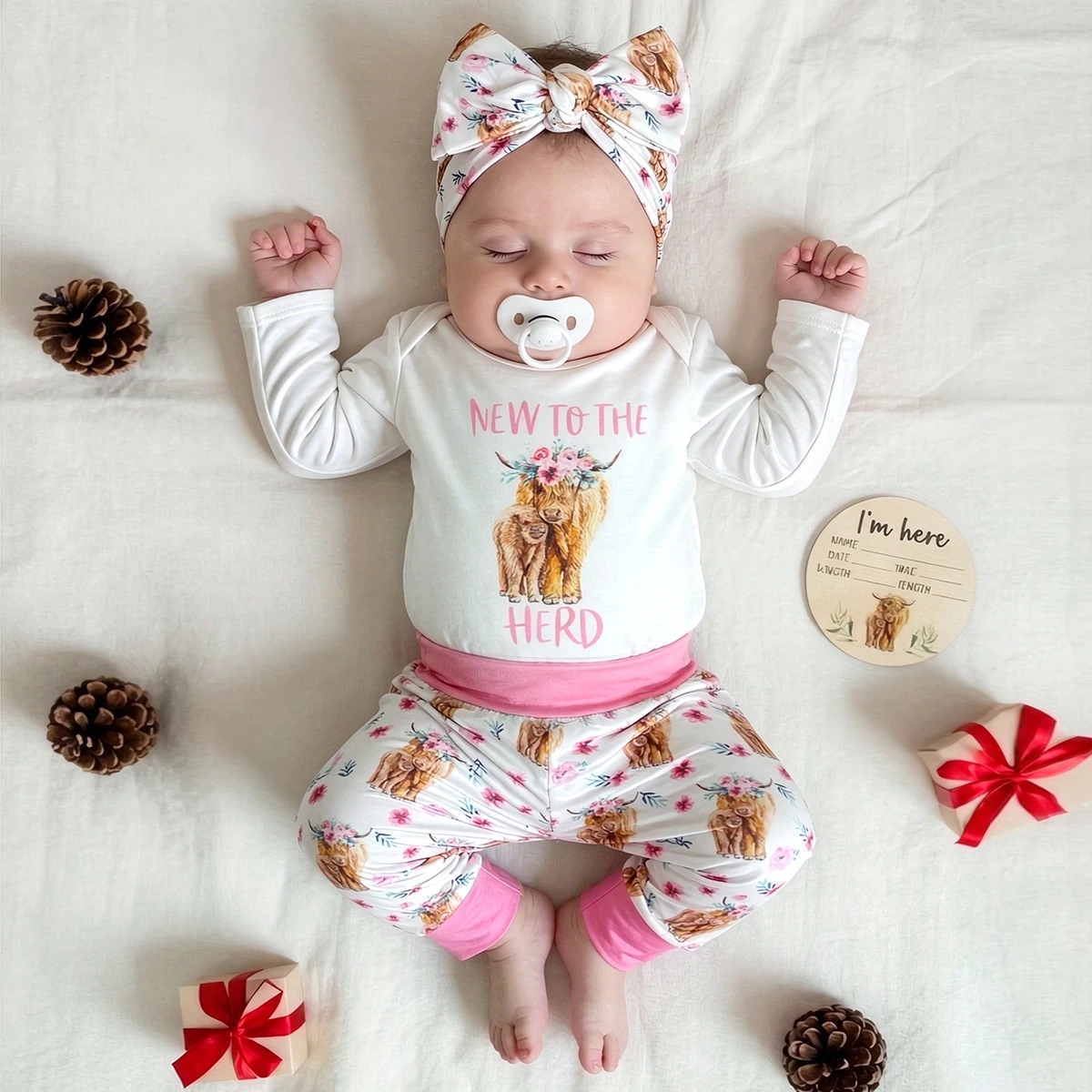 Highland Cow Newborn Photoshoot Outfit Set Long Sleeve Onesie Pants Headband Neutral Western Farm Baby Clothes for Milestone-HD