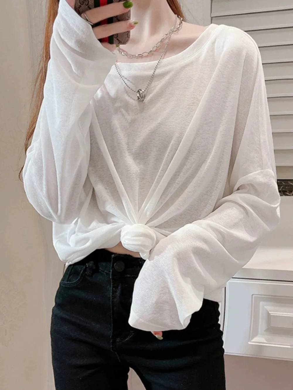 Women's Slimming Base Layer T-shirt European Stock Micro Translucent Pure Desire Casual Sweatshirt Long Sleeve T-shirt