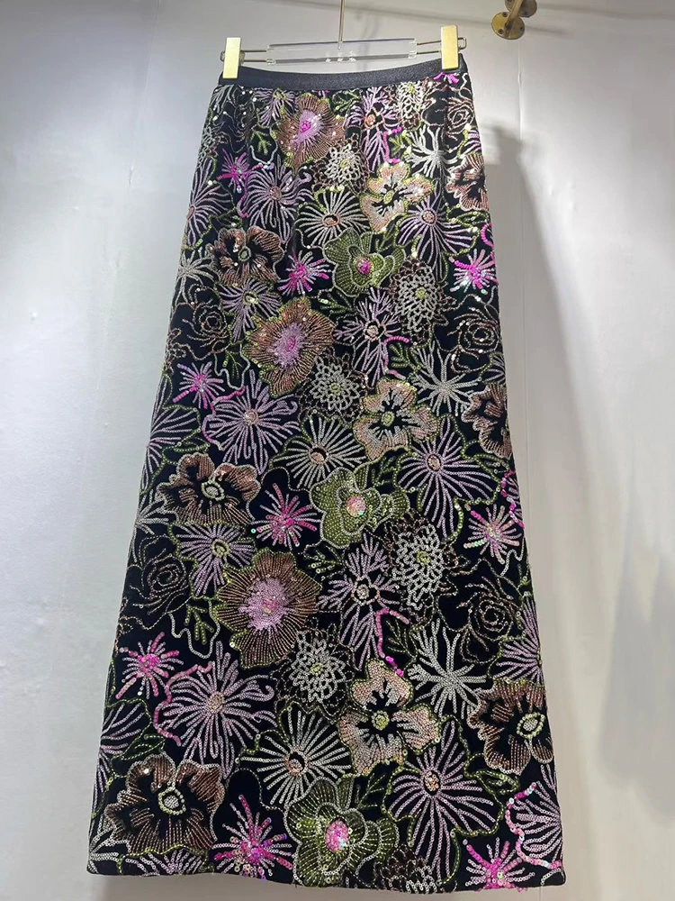 디자이너 스타일 레트로 스팽글 자수 화려한 꽃무늬 하이웨이스트 스커트 2025 가을 여성 패션 다용도 A라인 스커트