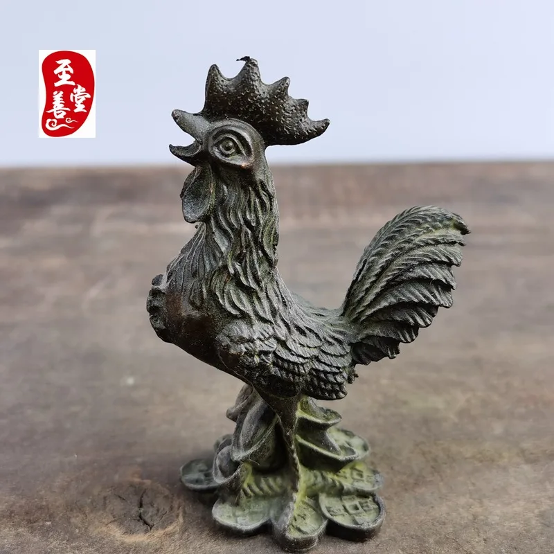 Antique collectible with aged patina, alloy copper living room decorative ornament, standing rooster crowing5x2.5x8CM