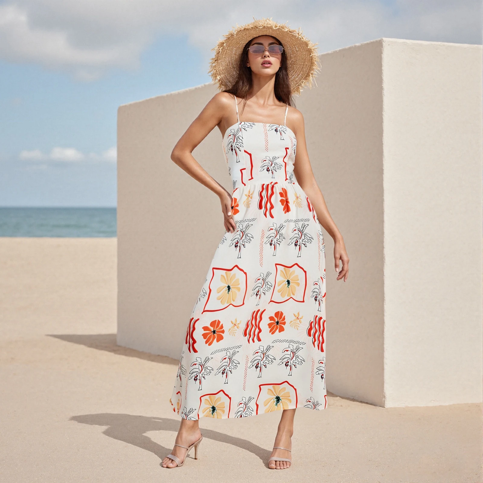 

Summer Bohemian Vacation Beach Long Dress Women Sleeveless Spaghetti Strap Casual Floral Print A-Line Dress
