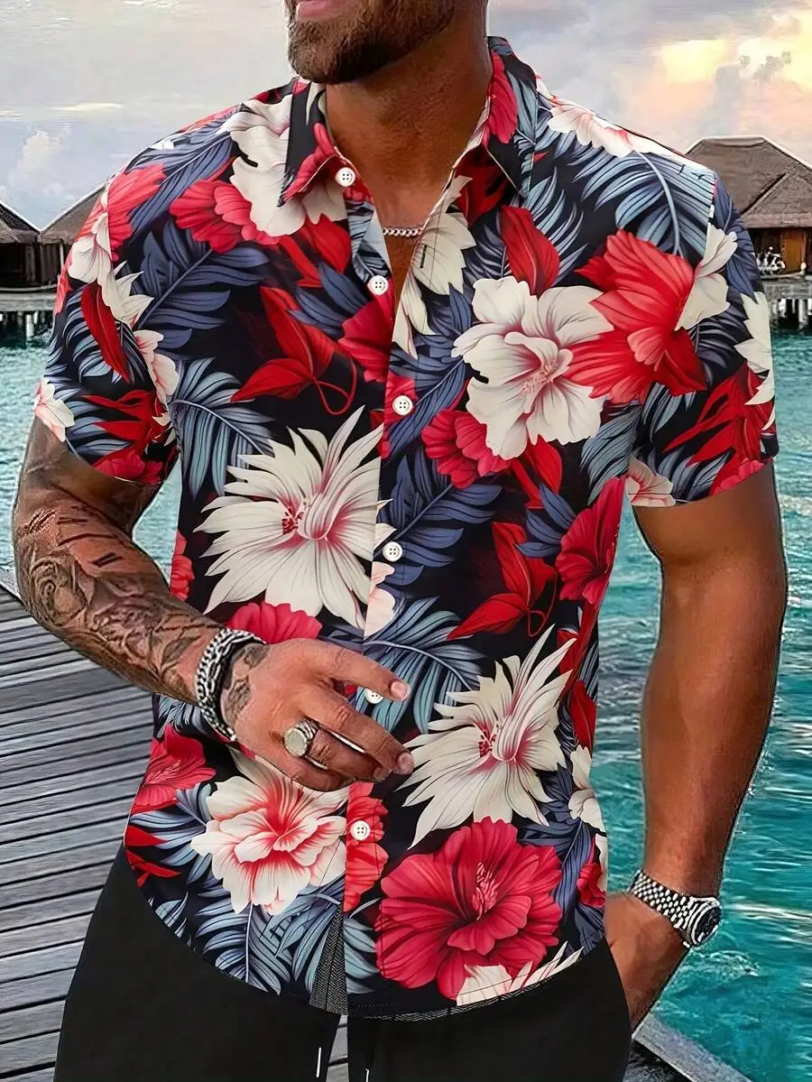 

Mens Floral Hibiscus Print Hawaiian Shirt Short Sleeve Button Up Casual Lightweight Summer Beach Vacation