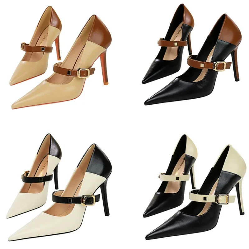 

Women 10cm High Heels Retro Mixed Colors Patchwork Dark Brown Pumps Lady New Leather Strappy Buckle Thin Heels Pointed Toe Shoes