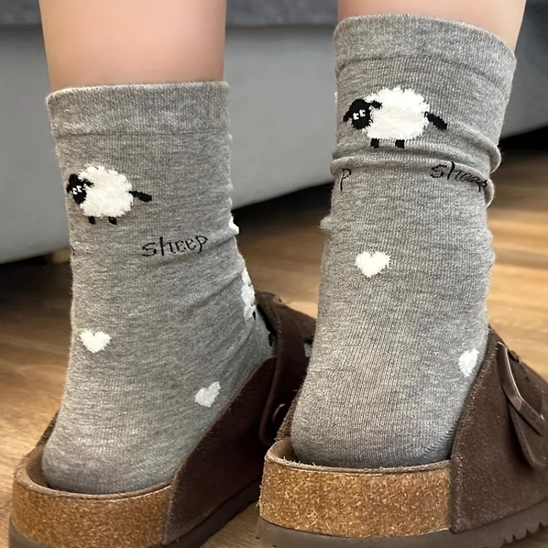 4 Pairs Cozy Flocked Sheep Socks, Solid Color Mid-Crew Stackable Socks, Cute Ins Fashion for Women