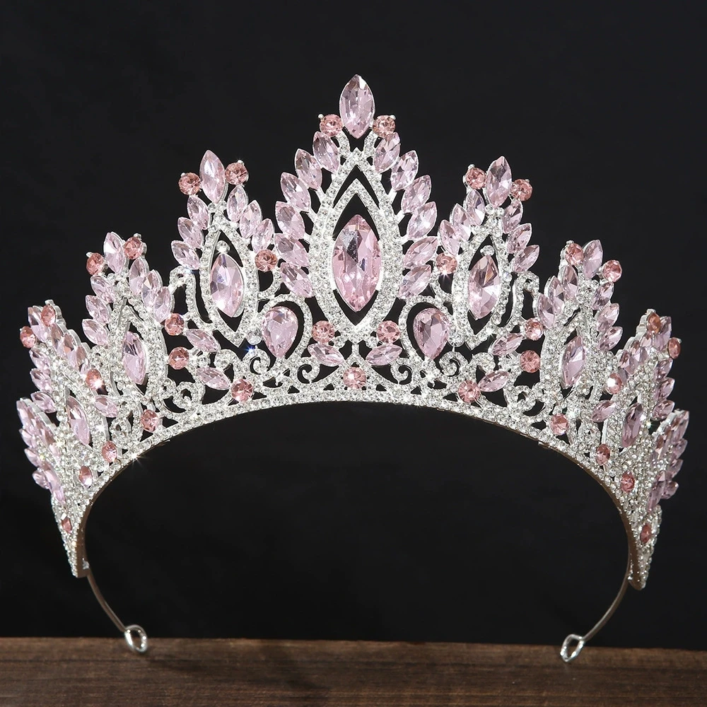 Tall Crystal Pageant Tiara Pink Purple Champagne Rhinestone Crown Miss Beauty Competition Queen Headwear Wedding Bridal Tiaras