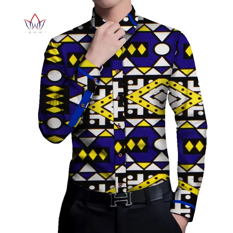 Bintarealwax African Shirt for Men Dashiki Long Sleeve Plus Size African Clothes Patchwork Casual Style Men Shirt WYN937