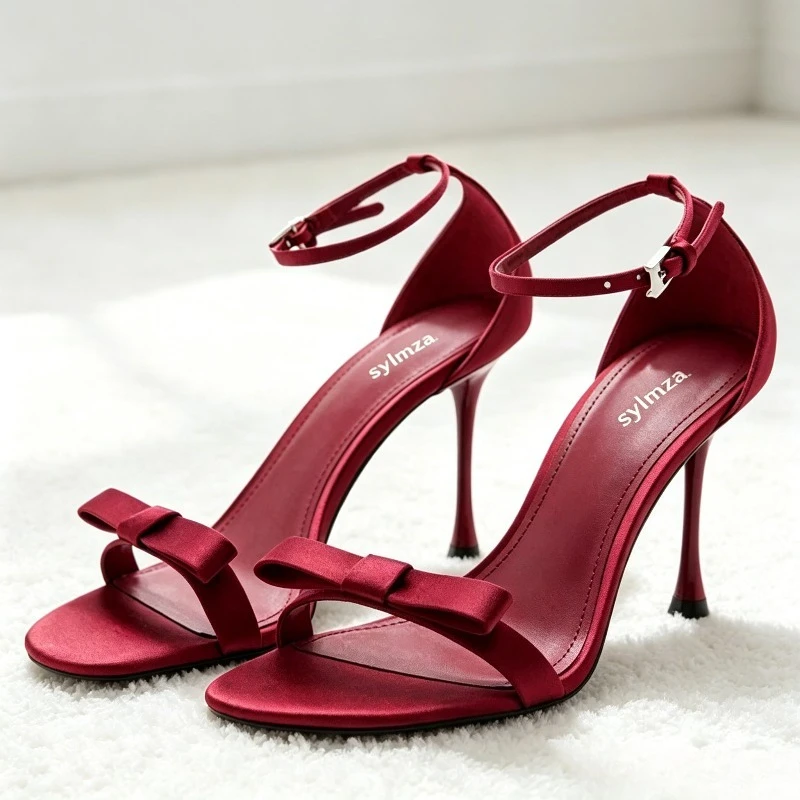 Elegant Satin Cover Heel High Heels Women Sexy Open Toe Bowknot Decoration Ankle Strap Sandals Ladies Luxury Party Evening Pumps
