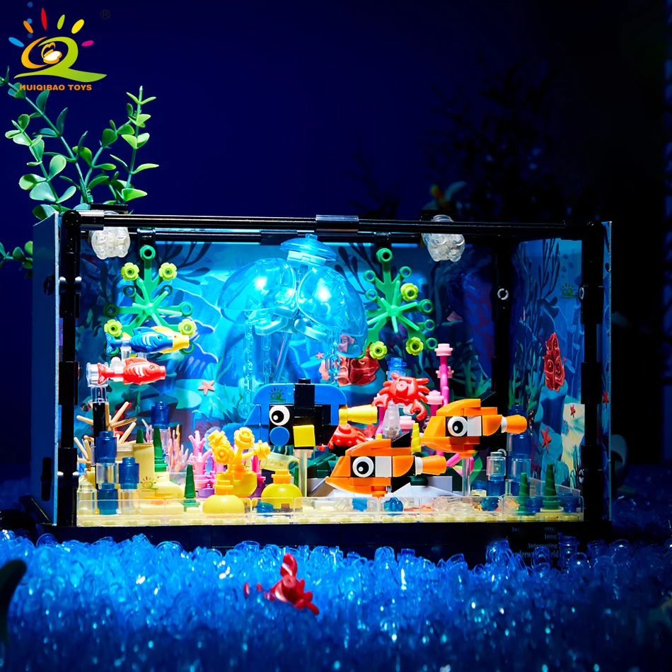 HUIQIBAO MOC Fishbowl Aquarium Building Blocks Sea Turtle Fish Tank With Light Bricks City Construction Toys For Children Kids