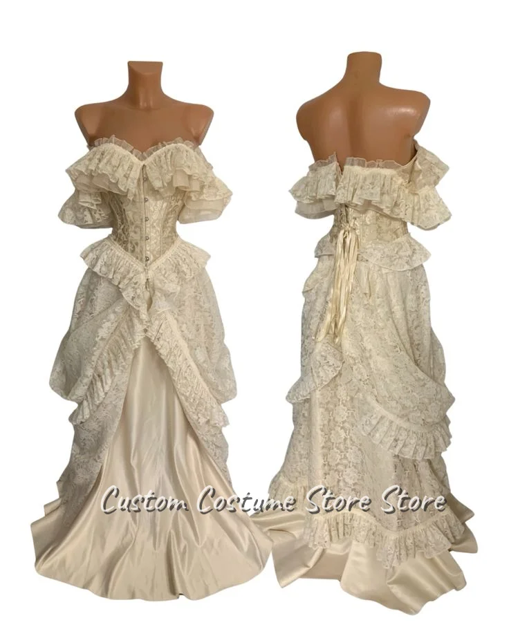 

Элегантное свадебное платье цвета слоновой кости по индивидуальному заказу, корсет с застежкой на плечах, корсет с рюшами и оборками, кружевной галстук, трапеция и длиной до пола, со шлейфом невесты