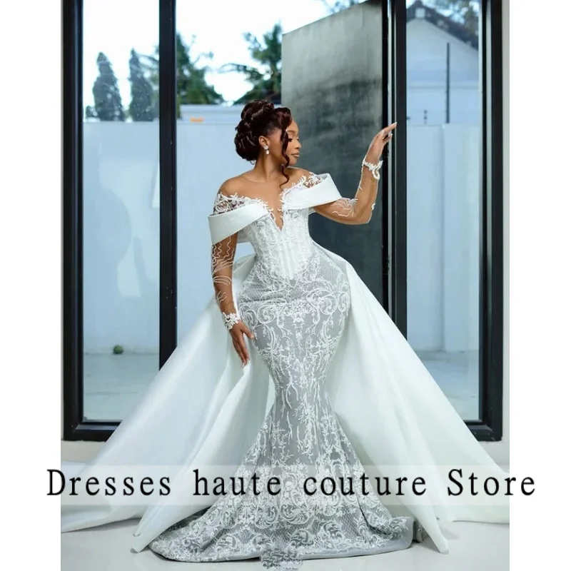 White Silver Mermaid African Bride Wedding Dresses with Detachable Train Two Pieces Long Sleeve Bridal Garment Customized