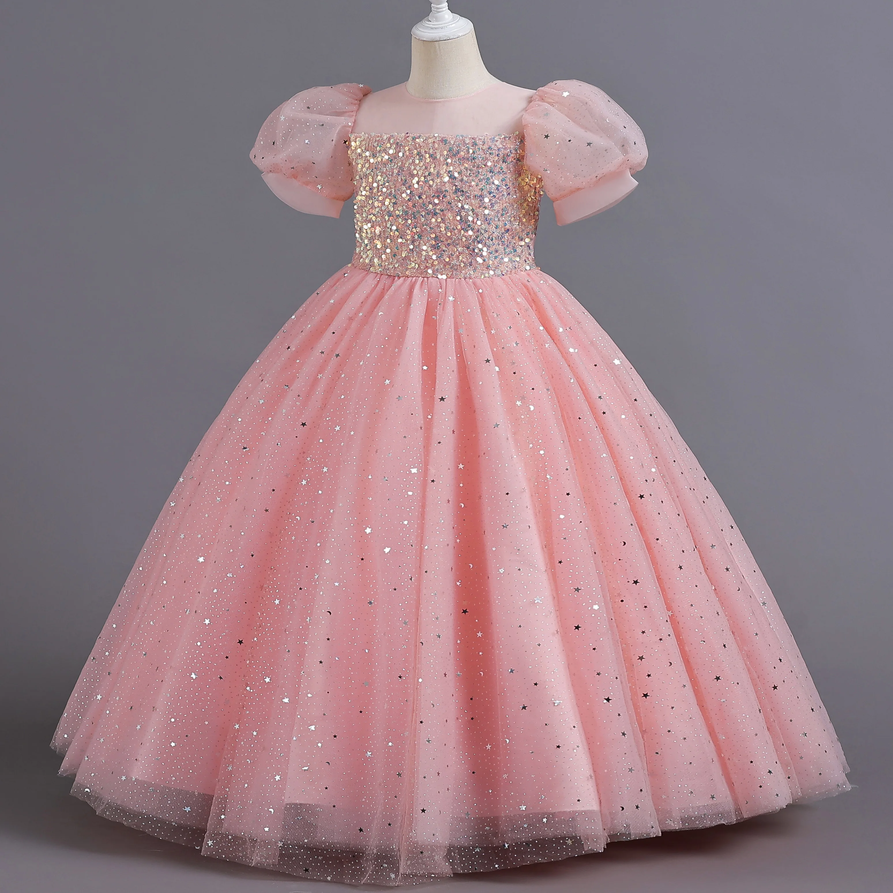 2024neue Kinder kleid Mädchen Prinzessin Pailletten Blase Ärmel lange Mesh Blume kleines Mädchen Hochzeit für den Sommer für 3-14 Jahre alt