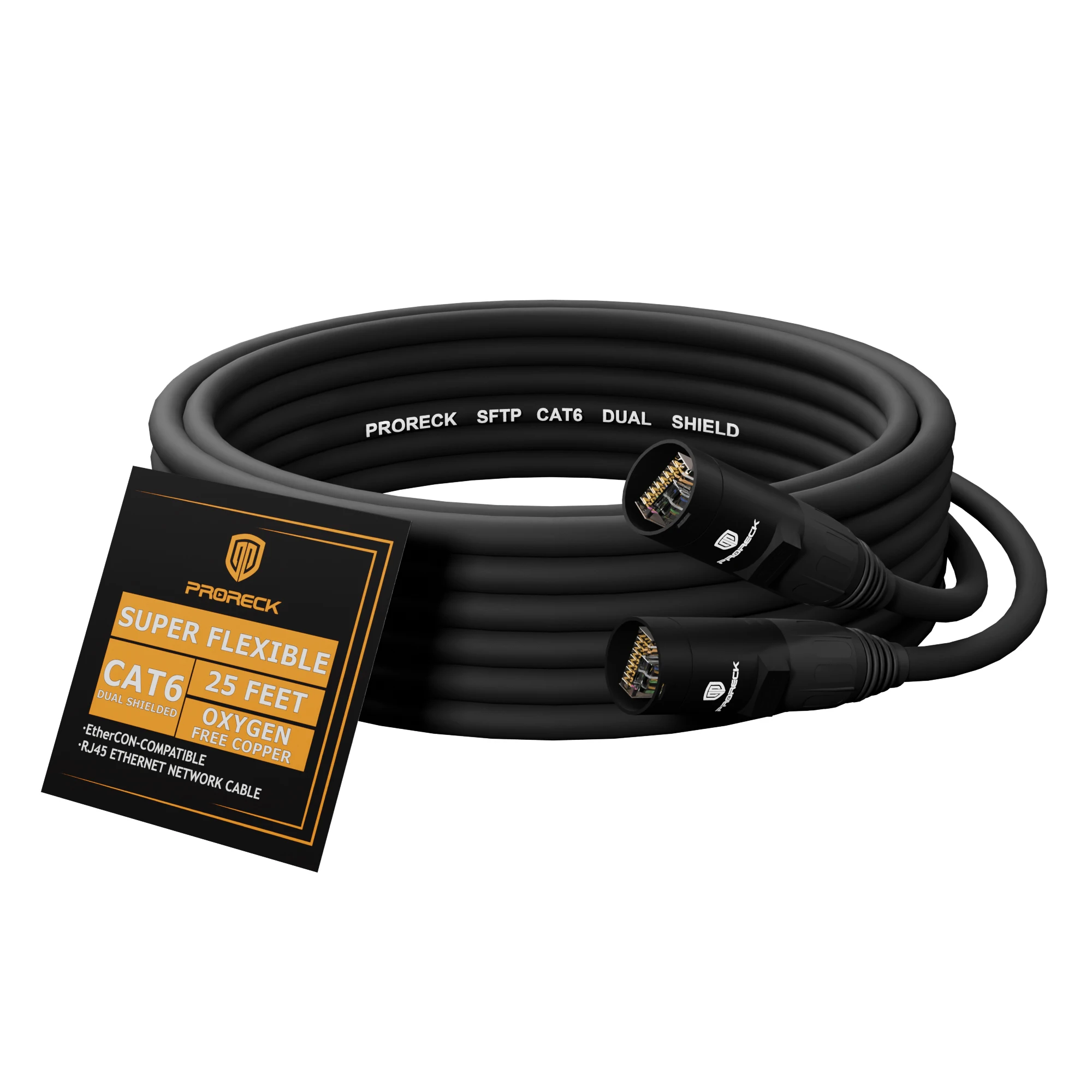 PRORECK SFTP CAT6 Dual Shielded Ethernet Cable with EtherCON RJ45 Connectors,10ft, High-Speed, Ideal for Pro Sound Systems