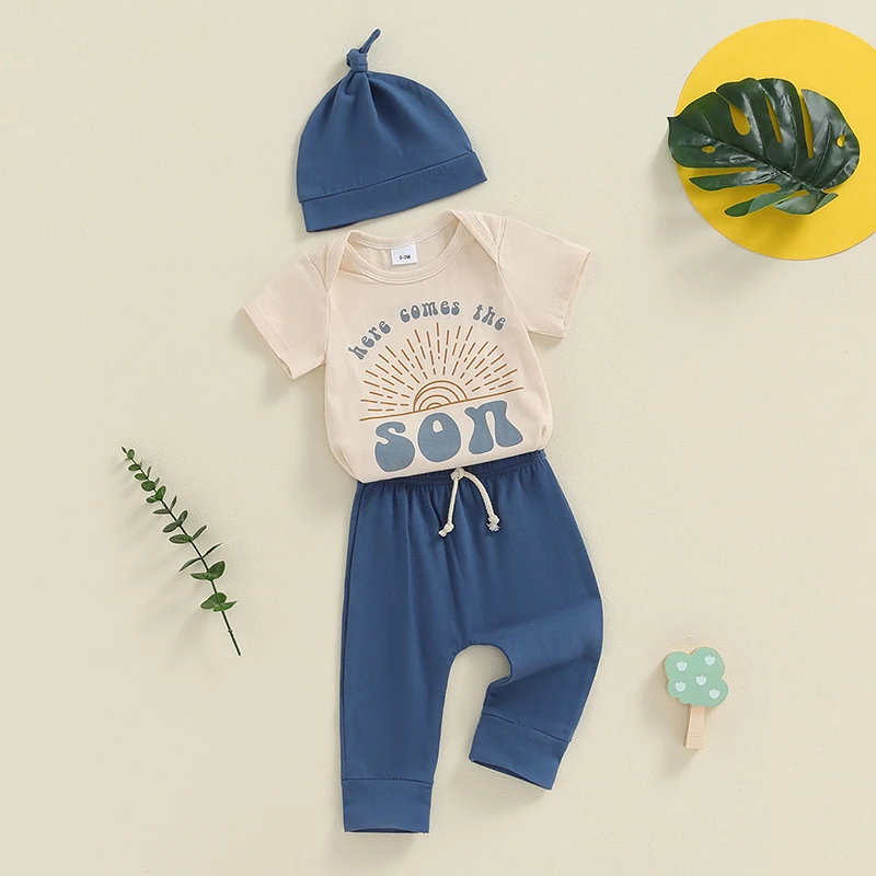 Newborn Clothes Baby Boy  Short Sleeve Romper T Shirt Tops Toddler Pants Hat Set Summer Outfits 3 6 9 12 18 Months