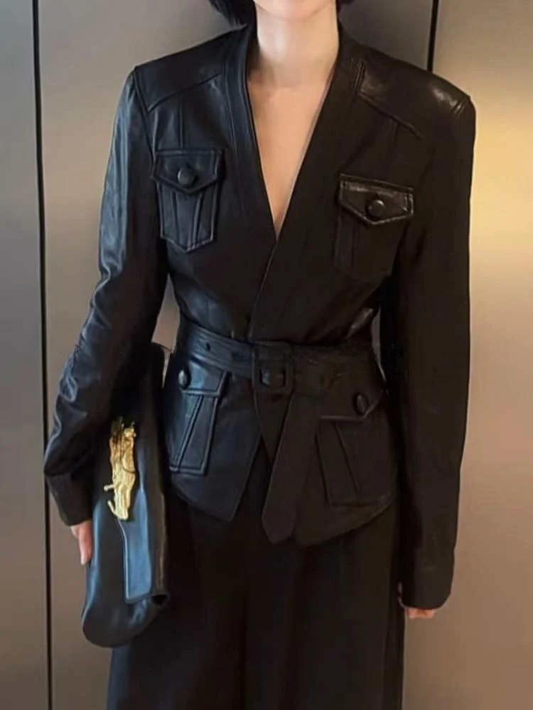 

Стильная уличная свободная женская кожаная куртка 2025 года, новинка ранней весны, из натуральной овчины, мотоциклетная куртка-косуха