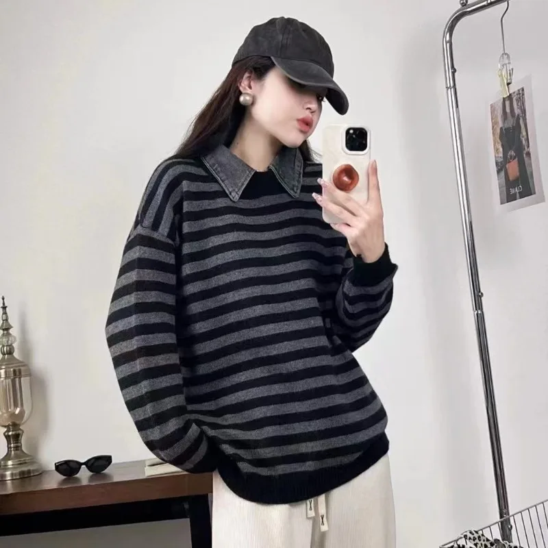 Loose Stripe Ropa Mujer Laple Neck Long Sleeve Sweater Hit Color Knit Outerwears 2024 Woman Pullovers Autumn New Clothes Women