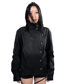 Y2K Vintage Black Denim Two Piece Set Asymmetric Button High Neck Jacket Baggy Wide Leg Pants Streetwear Gothic Harajuku Outfits 3