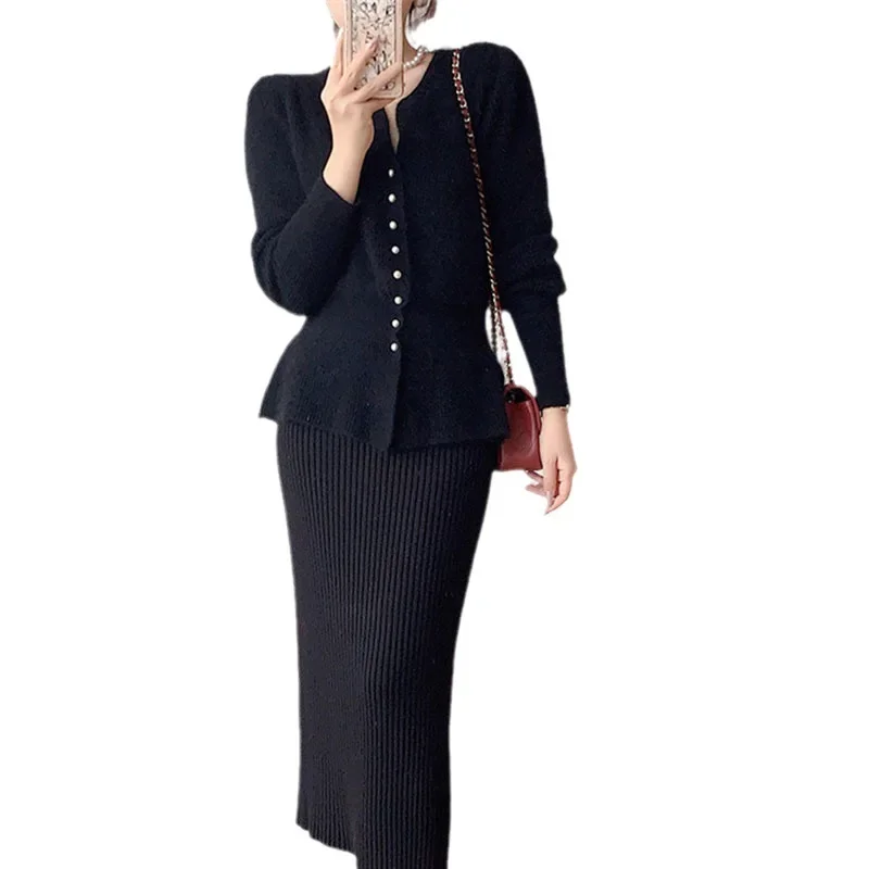 Women Knit Two Pieces Suits Button V Neck Long Sleeve Pullover + Split Slim Bodycon Skirt Streetwear Sweater Set Female Outifits