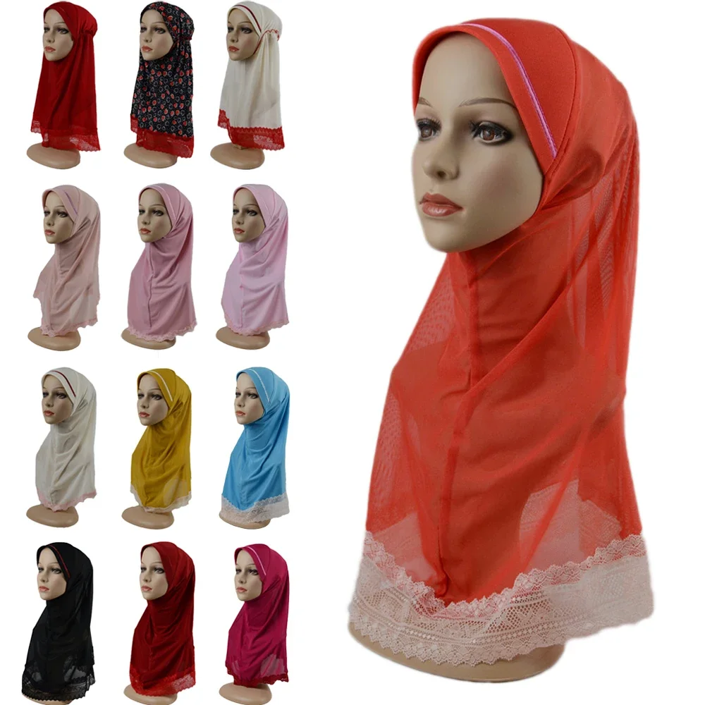 

Lace Muslim Kids Girls Headscarf Prayer Cap Full Cover Hijab Headwear Under Scarf Head Wrap Children Islamic One Piece Hat 6-12Y