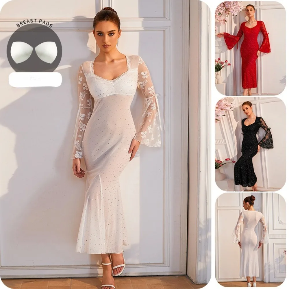 Eurepean Glitter Sequin‌ Western Sheer Mesh Lace Flare Sleeve Mermaid Dress Waist Cinched Gown with Removable Bra Pads for Women