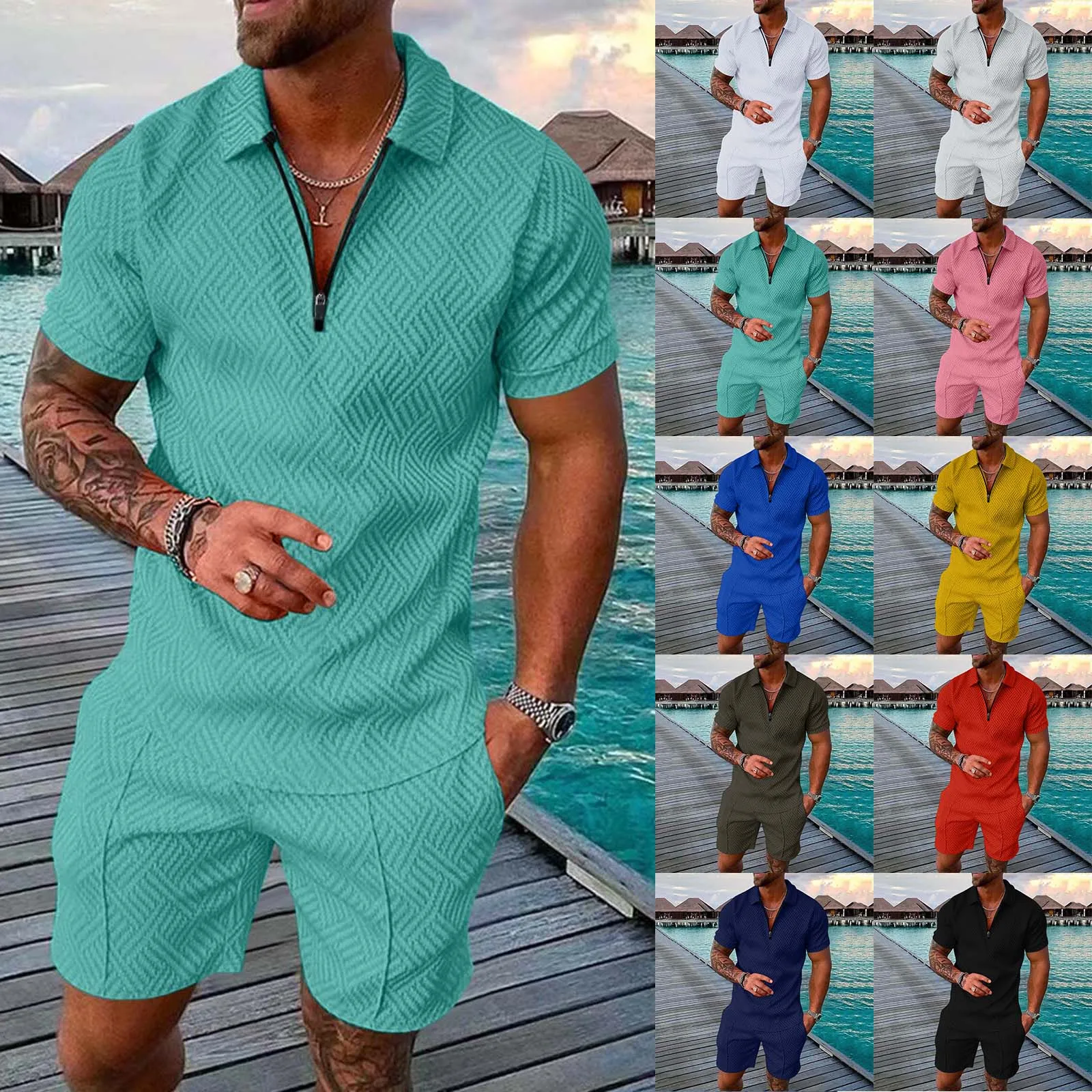 29 Styles Fashion  Men\'s Polo  Sets Mesh Printed 2023 Streetwear zipper Short Sleeve Shorts Two Pieces Men Casual Suit S-3XL