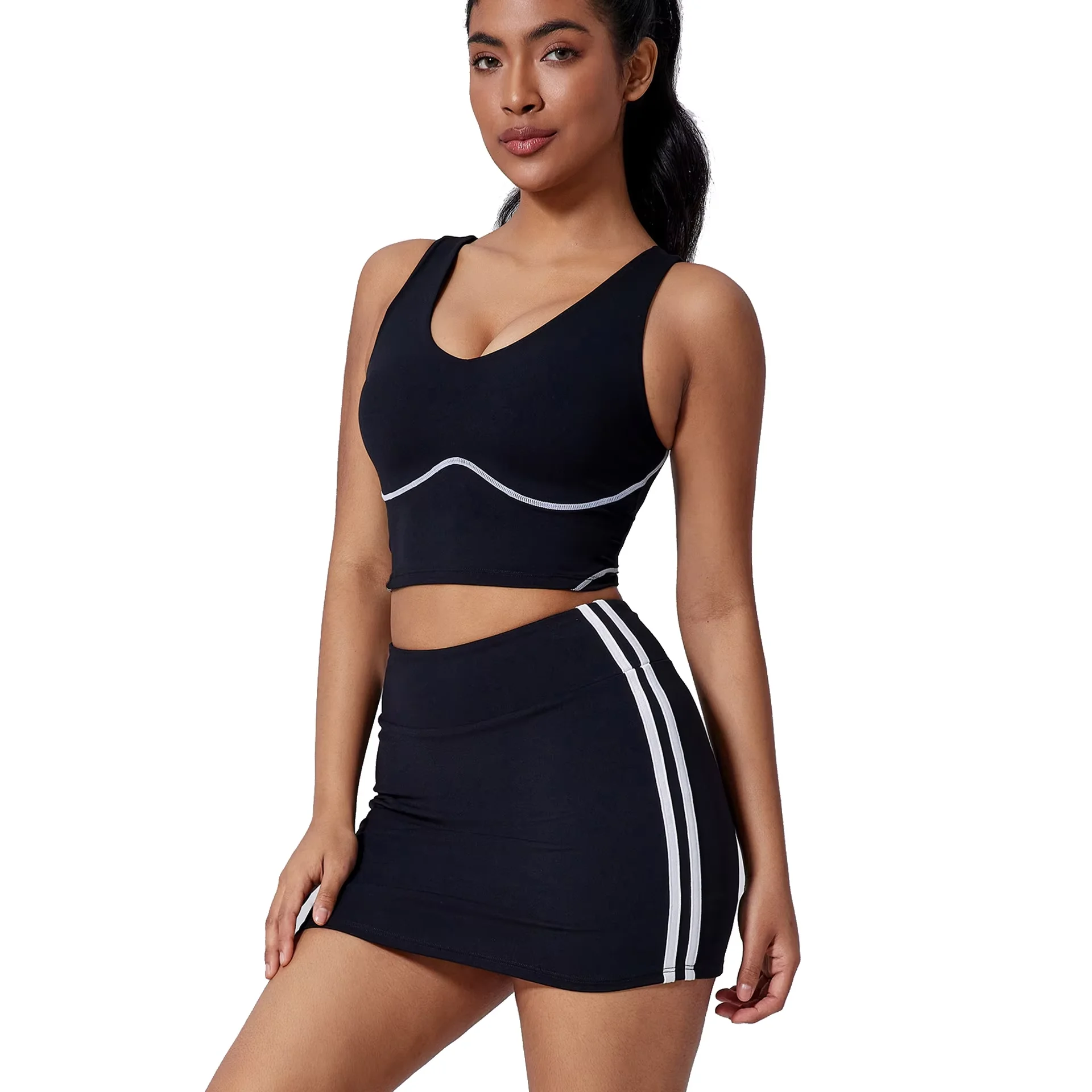 

Женский тренировочный бюстгальтер с высокой талией, комплект спортивной юбки, компрессионный цветной блок для йоги для тренажерного зала/пилатеса, дышащий сплошной узор, XS спереди