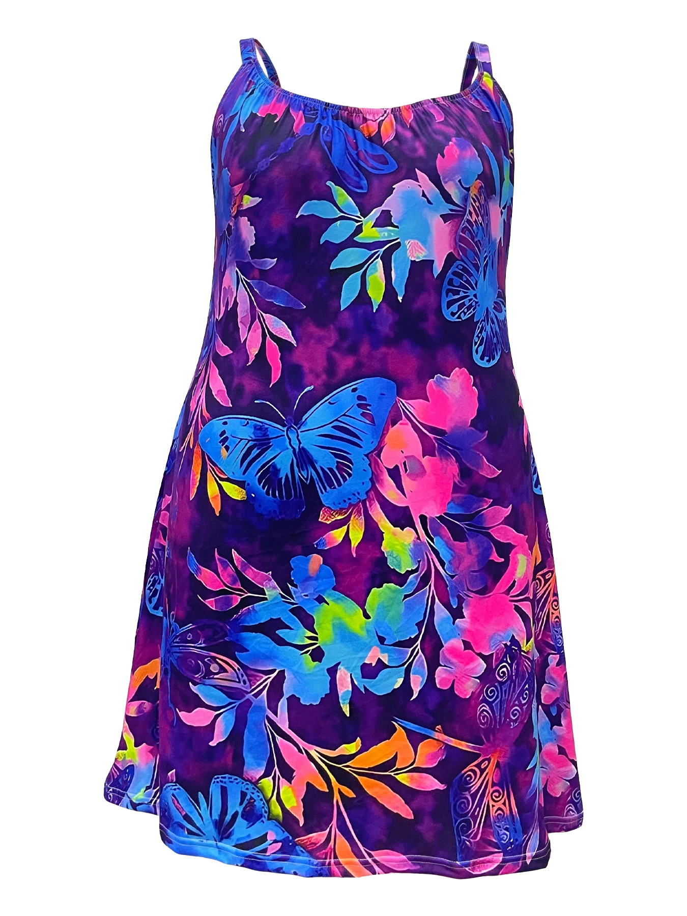 Plus-size women's fashion butterfly printed off-shoulder camisole pleated dress