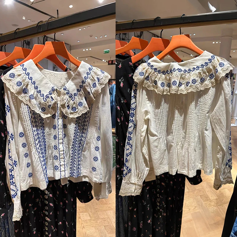 

Нежная хлопковая блузка с вышивкой и кружевом, свободного кроя, с пышными рукавами, для девочек, весна-осень, дышащая, комфортная, с длинными рукавами