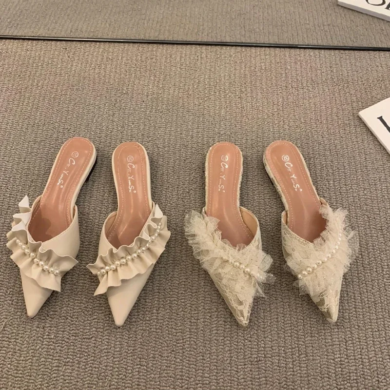 Płaskie sandały Mules Pointed Toe Outside Woman Slippers Shoes for Women Slides Lace Job Apricot Sale on Offer Korea Style I Vip G