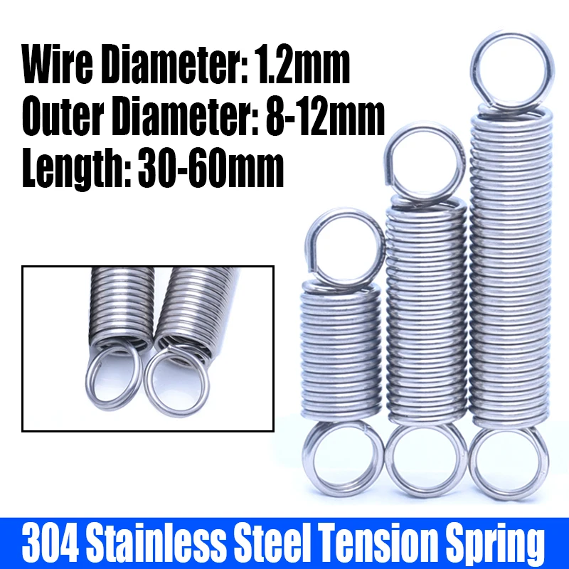 2PCS 1.2mm Wire Dia 304 Stainless Steel O Ring Hook Extension Spring Tension Spring Coil Spring Dual Hook Spring L=30mm-60mm