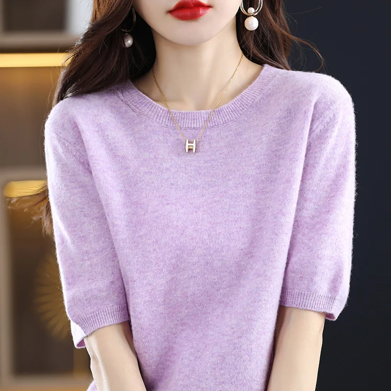 

Женская вязаная футболка из 100% мериносовой шерсти с круглым вырезом, корейский пуловер с коротким рукавом, базовый однотонный свитер с полурукавом для женщин